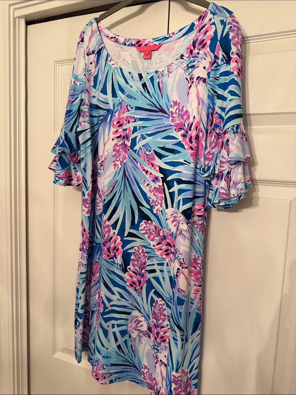 Lilly Pulitzer Blue & Pink Tropical-Print Ruffle Sleeve Midi Dress